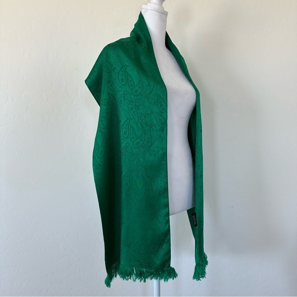 Vintage Specialty House Green Paisley Fringe 100% Silk Scarf